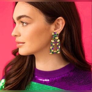 Rhinestone Drop Carnival Parade Statement Earring Purple Green Gold